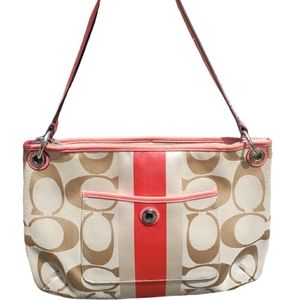 Coach Hampton Weekend Coral / Beige Signature Stripe Purse 22418 M